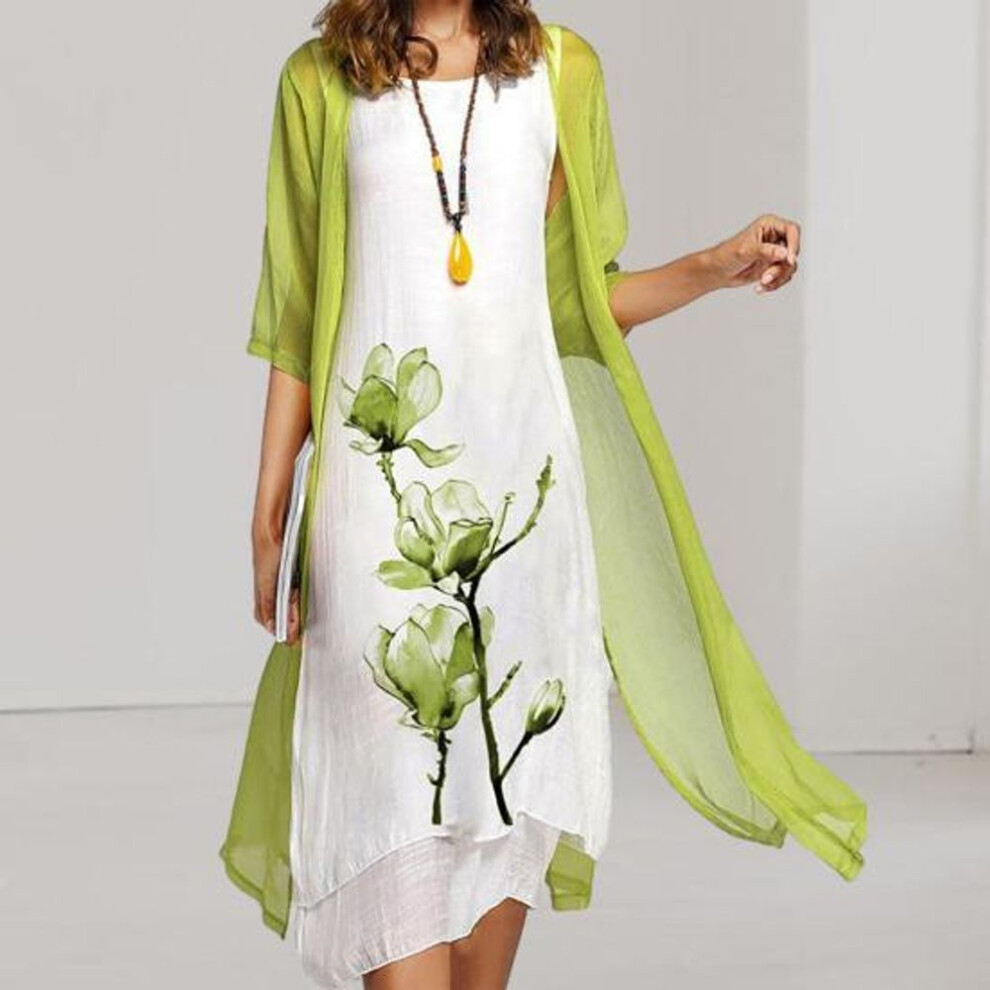(3XL, green) 2Pcs/Set Spring Summer Women Retro Flower Print Irregular Hem Vest Dress Solid Color Half Sleeve Shawl Coat Elegant Outfit