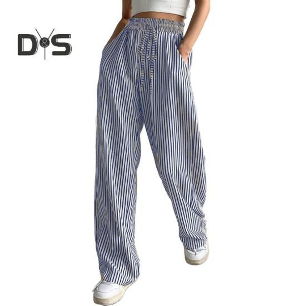 (blue, M) Women Pants Adjustable Drawstring Elastic Waist Mid-rise Long Trousers with Pockets Wide Leg Striped Print Casual Pants