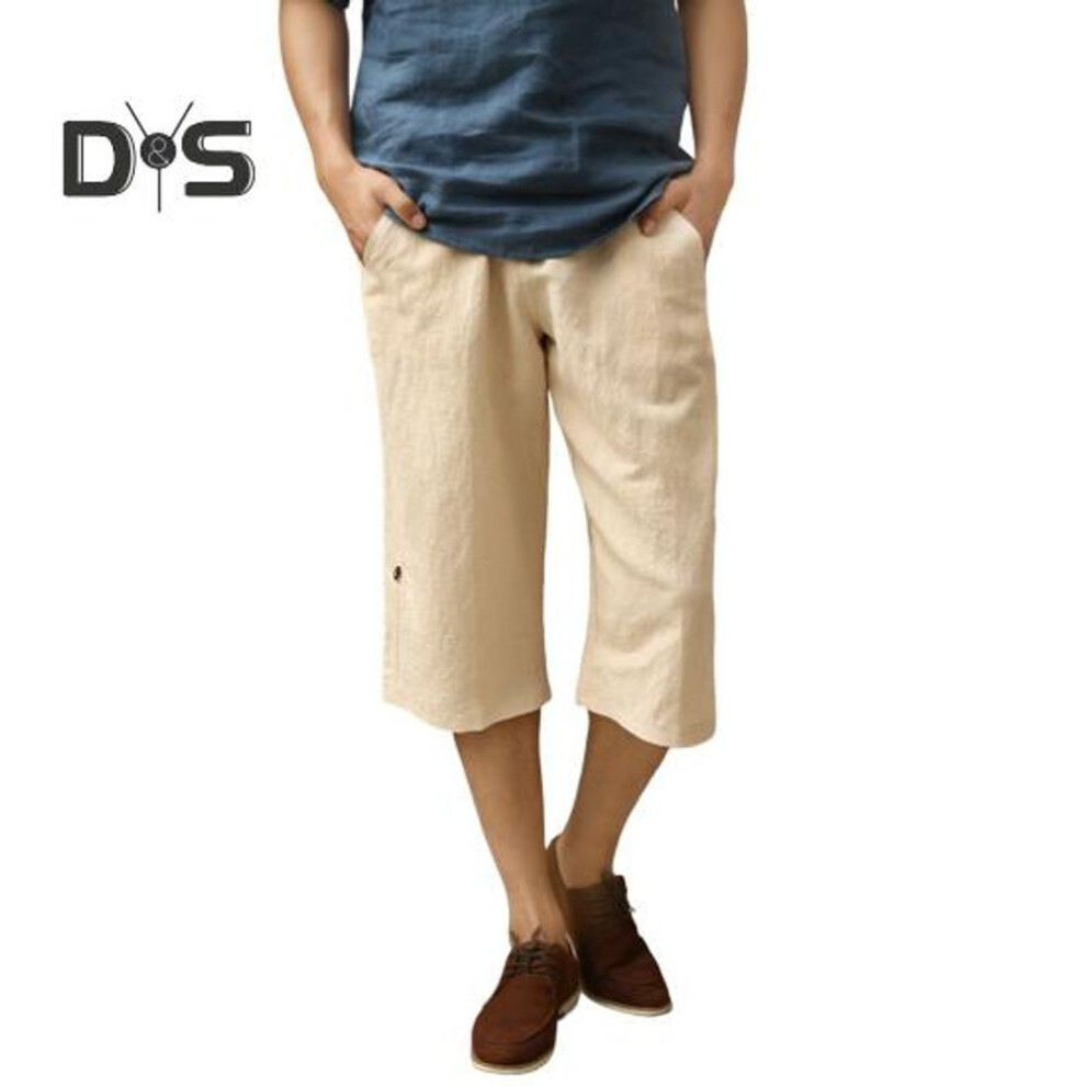(khaki, XXXL) Men's Casual 3/4 Pants Cotton Linen Solid Color Shorts With Pockets Breathable Quick Dry Gym Shorts For Running Daily Wear Beach