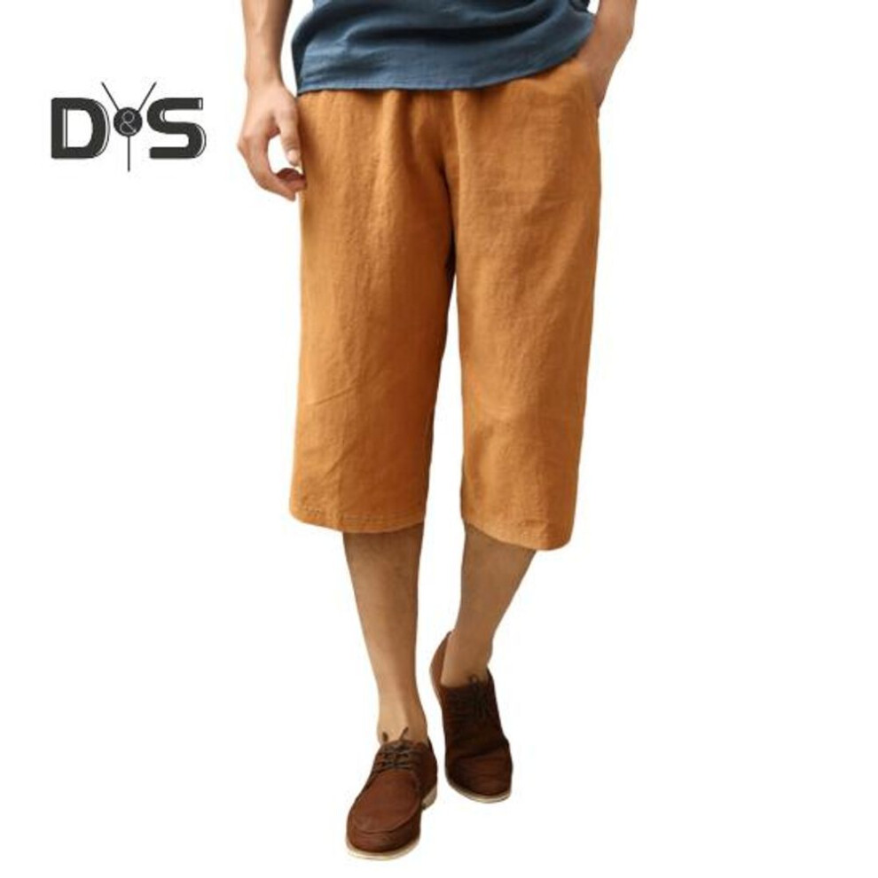 (yellow, XL) Men's Casual 3/4 Pants Cotton Linen Solid Color Shorts with Pockets Breathable Quick Dry Gym Shorts for Running Daily Wear Beach
