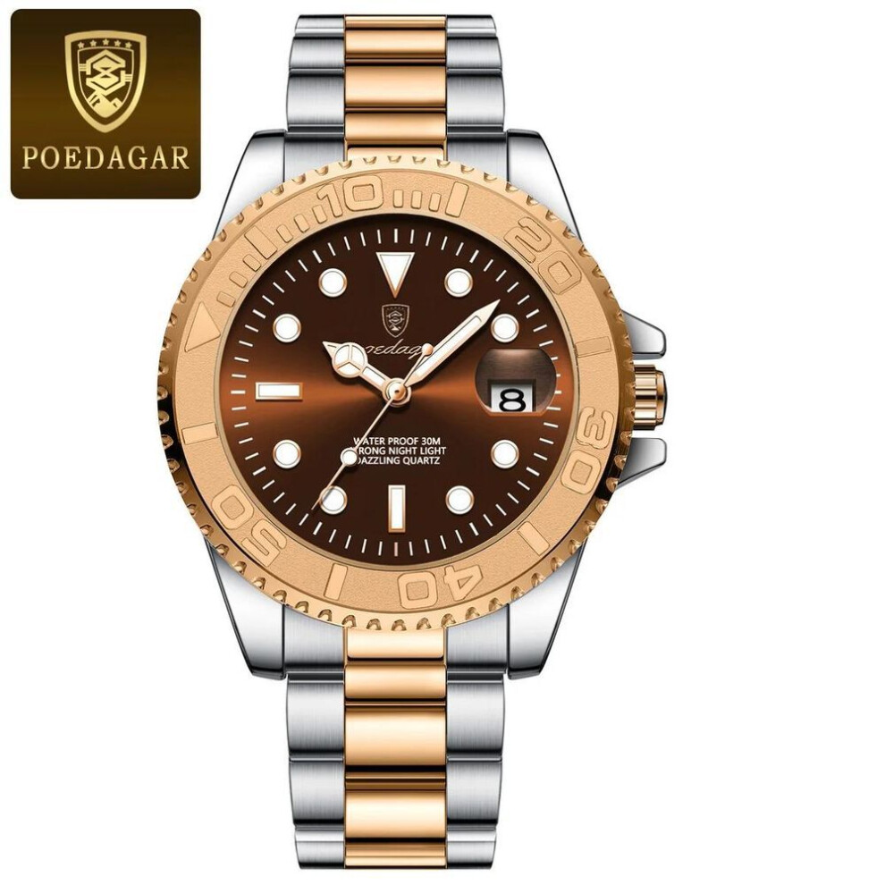 (rose gold,brown) Poedagar Luxury Men Watch Business Quartz Man Clock Sports Waterproof Luminous Date Stainless Steel Men's Watches Male Reloj