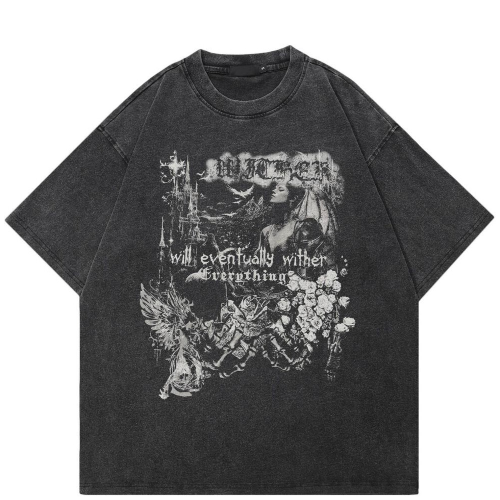 (S, black) Streetwear Art Graphic T-Shirt Cotton Washed Black Tshirt Unisex Oversized Short Sleeves T Shirt