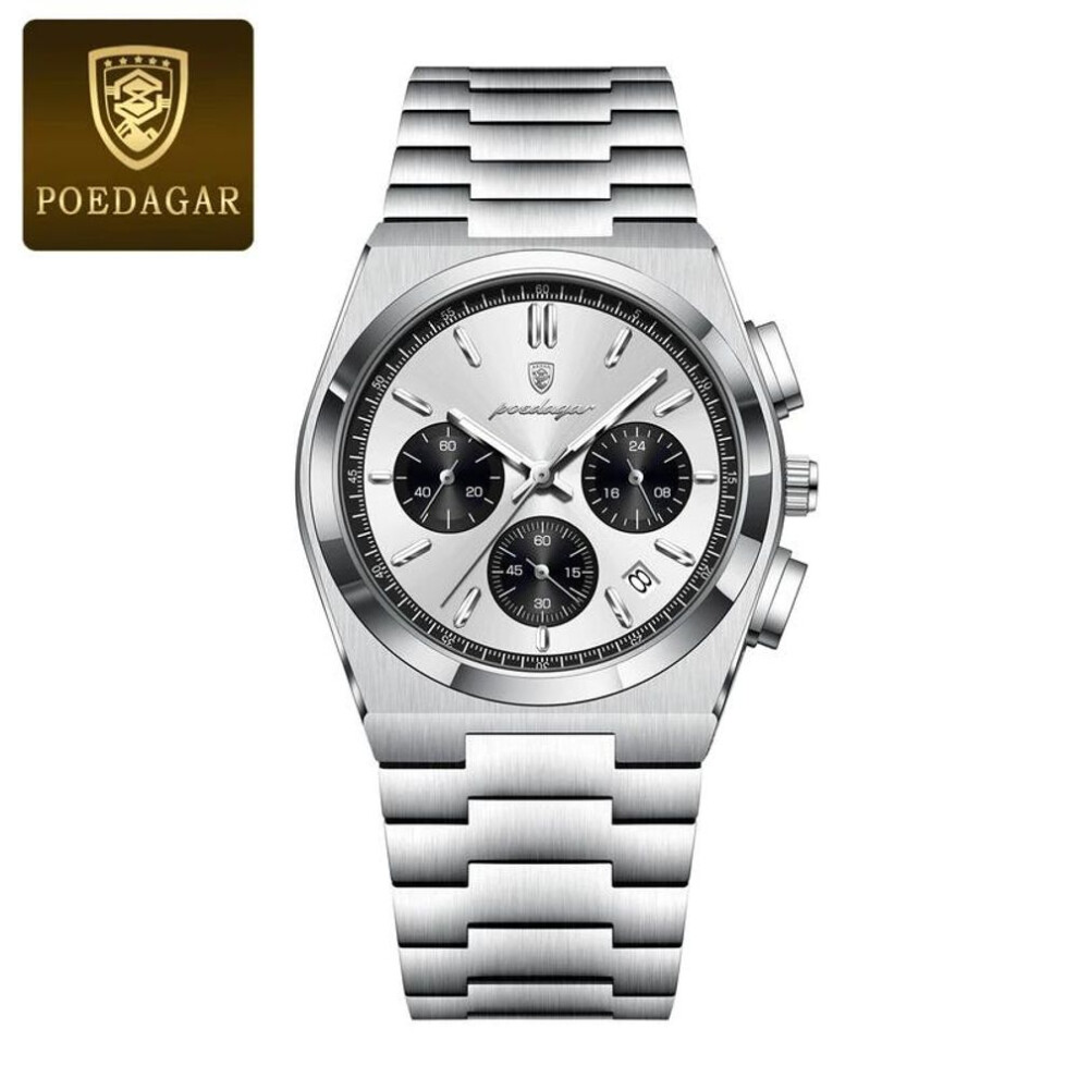(silver,white) POEDAGAR Luxury Fashion Man Watch Waterproof Luminous Chronograph Date Quartz Watch For Man Military Sports Stainless Steel Men's Watch