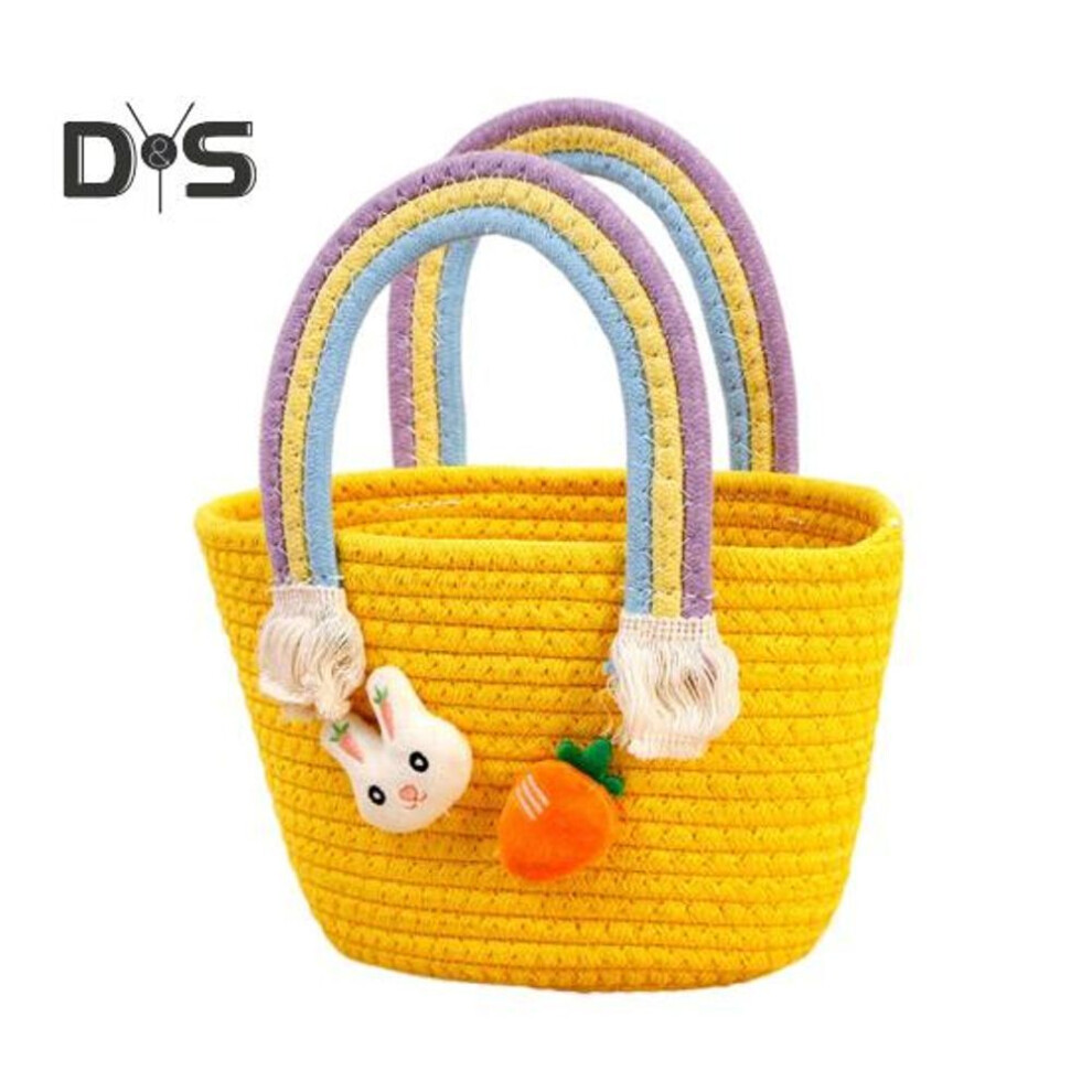(yellow) Easter Woven Basket with Handle Cotton Woven Bunny Egg Hunt Basket with Rabbit And Carrot Empty Easter Treat Bag for Gifts Candy