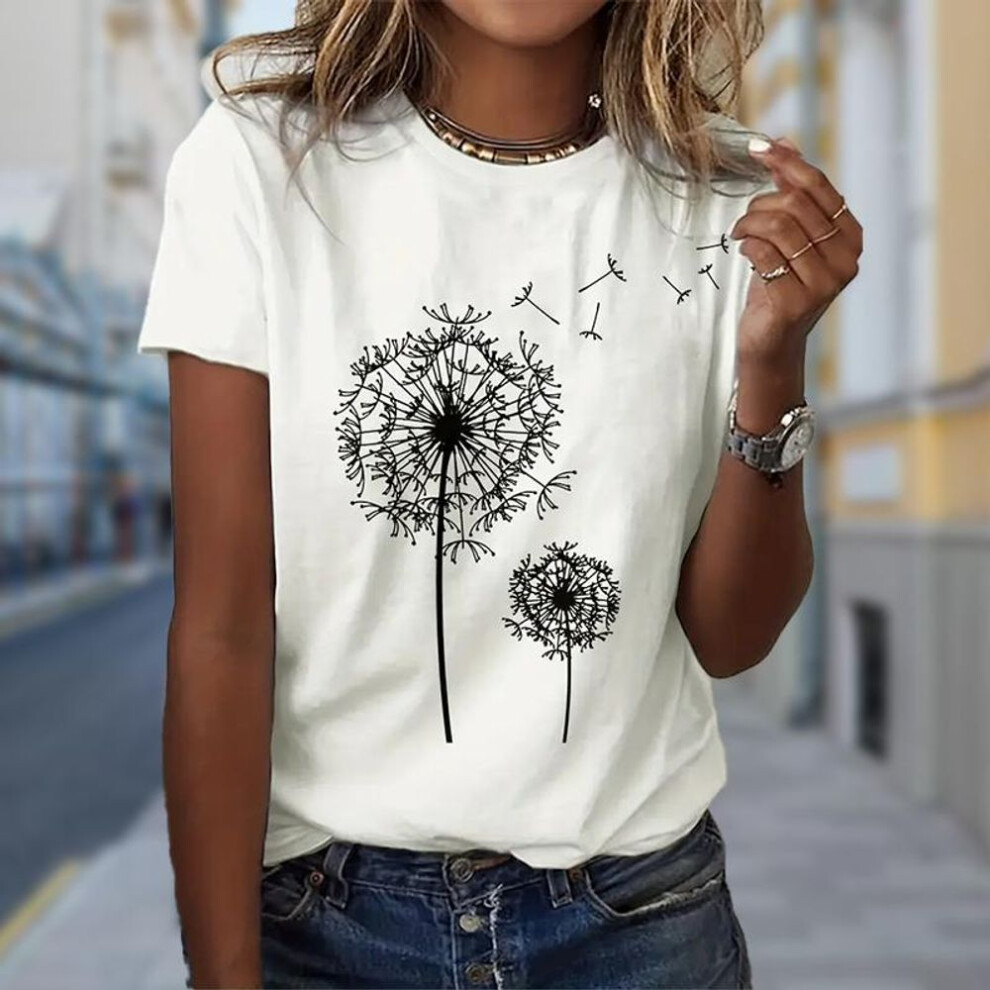 (M, white) Women Summer T Shirt  Print Dandelion Short Sleeve Tees Casual   Printed  Tops