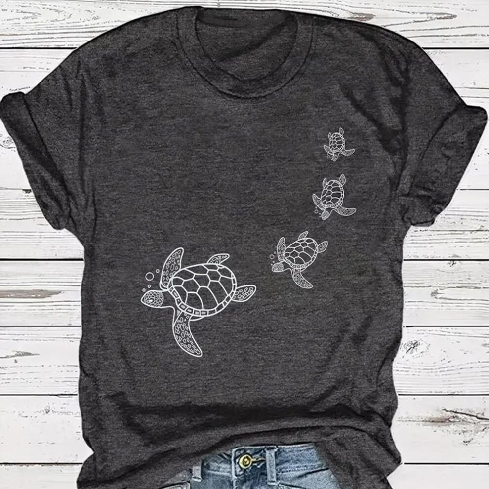 (S, grey) Women Summer T Shirt  Print Turtle Print  Short Sleeve Tees Casual   Printed  Tops