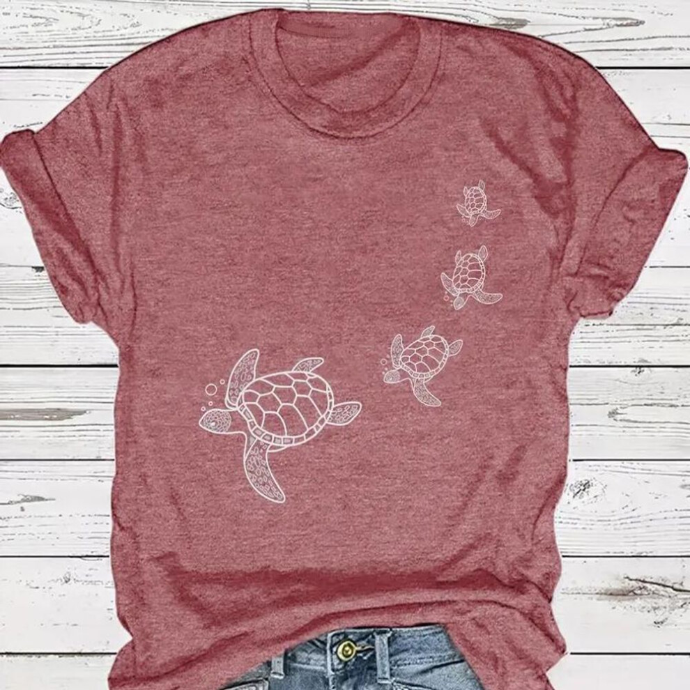 (6XL, pink) Women Summer T Shirt  Print Turtle Print  Short Sleeve Tees Casual   Printed  Tops