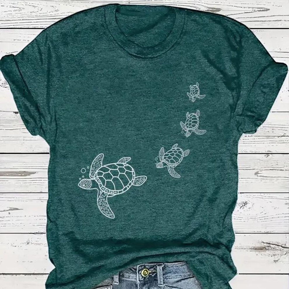 (L, green) Women Summer T Shirt  Print Turtle Print  Short Sleeve Tees Casual   Printed  Tops