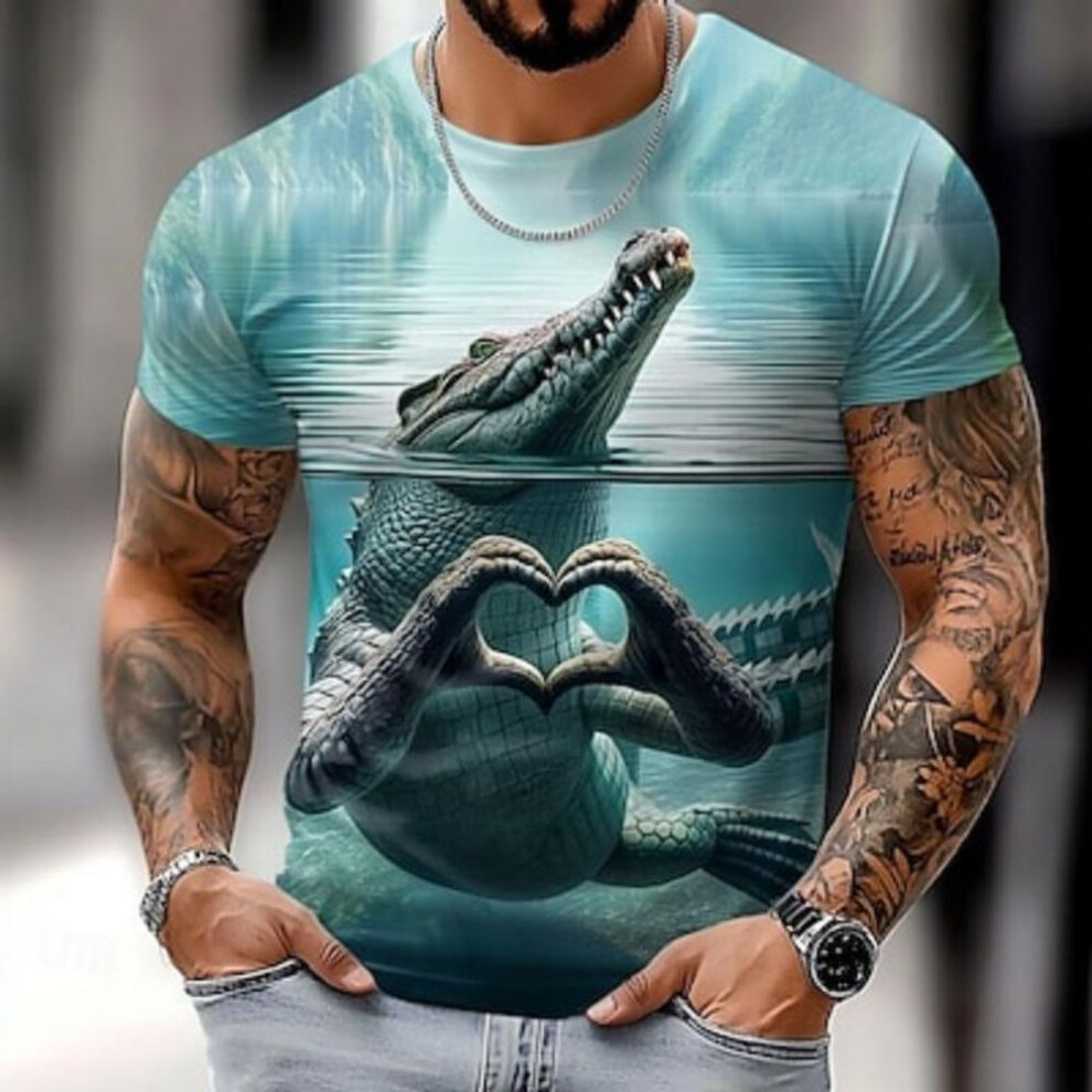 (as the picture, 2XL) Men's Crocodile Funny Short Sleeve T-shirt 3D Print Crew Neck Shirt Exaggerated Designer Party Holiday Blue Summer Spring Clothing