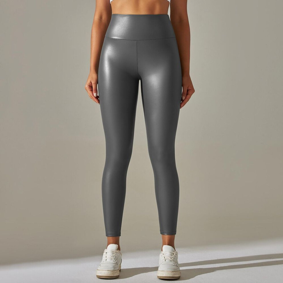 (as the picture, XXXXXL) Women's Fashion Solid Color High Waist Tight Hip Yoga Bottom Pants Wearing Pu Leather Pants Outside