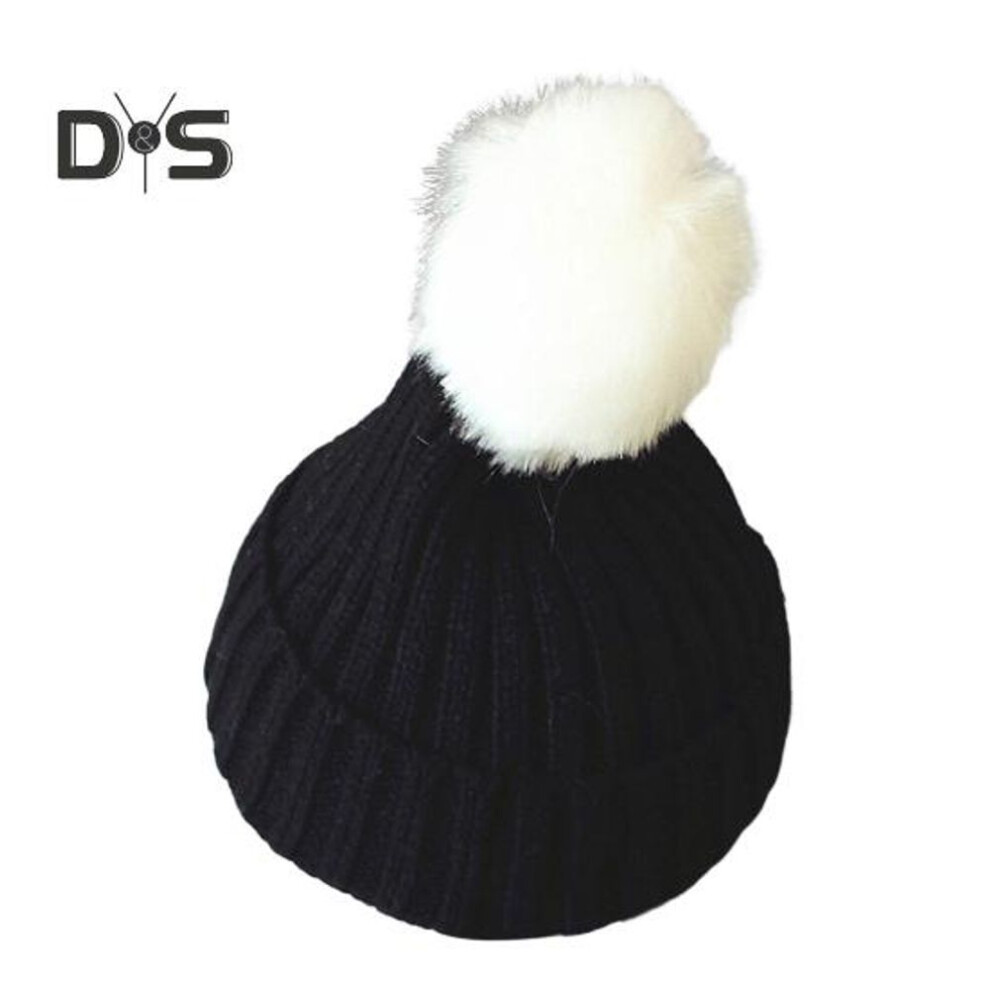 (black) Winter Children Hat Unisex Knitted Hat Stretchable Thickened Solid Color Faux Fur Ball Decor Warm Daily Wear Cap Outdoor Headwear for 4-8Y