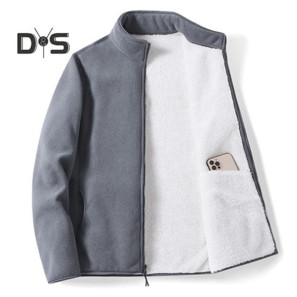 (grey, 3XL) Men Polar Fleece Jacket Stand Collar Long Sleeve Full Zipper Closure Solid Color Coat with Pockets Autumn Winter Casual Outwear