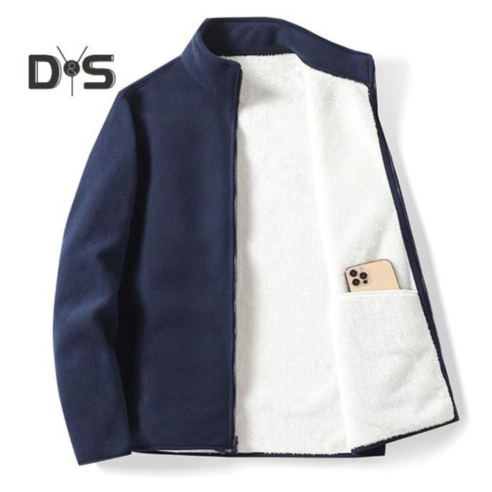 (dark blue, 4XL) Men Polar Fleece Jacket Stand Collar Long Sleeve Full Zipper Closure Solid Color Coat With Pockets Autumn Winter Casual Outwear