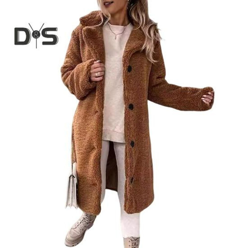 (brown, XXXL) Winter Women Jacket Thick Fleece Turn-down Collar Long Sleeves Button-down Solid Color Mid Length Heat Retention Outdoor Coat