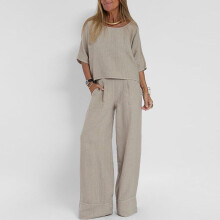 (light grey, L) Women's Casual Cotton-Linen Two-Piece Set: Short-Sleeve Pullover and Pocket Trousers for Spring & Summer Beachwear