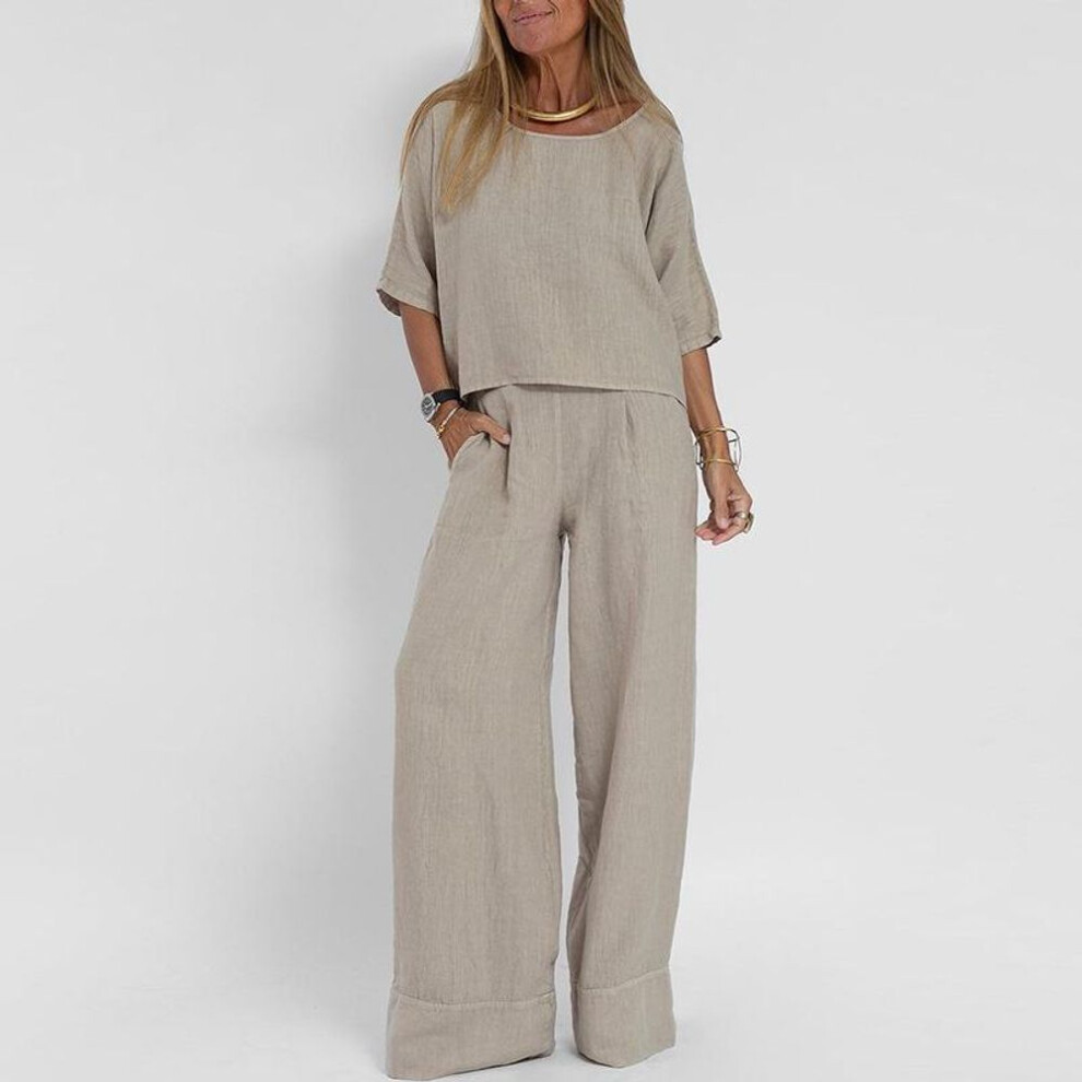 (light grey, L) Women's Casual Cotton-Linen Two-Piece Set: Short-Sleeve Pullover and Pocket Trousers for Spring & Summer Beachwear