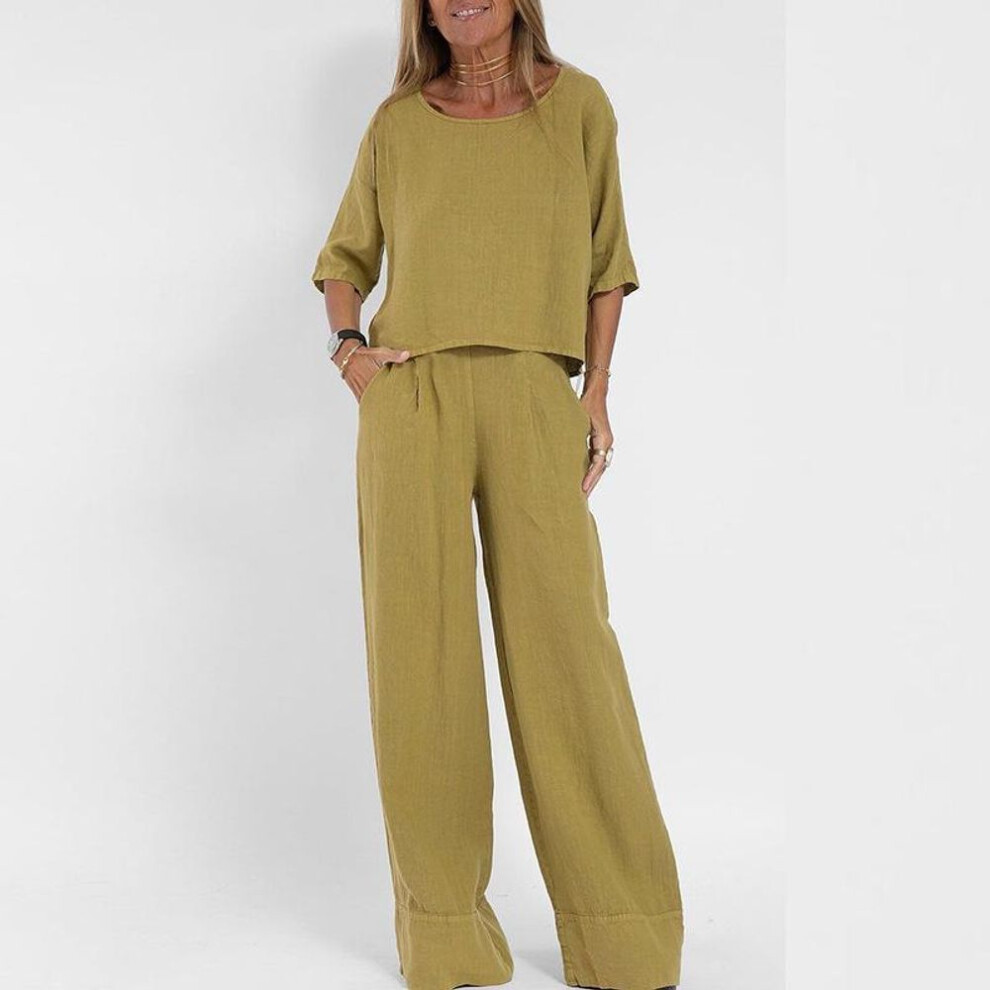 (yellow, S) Women's Casual Cotton-linen Two-piece Set: Short-sleeve Pullover And Pocket Trousers For Spring & Summer Beachwear