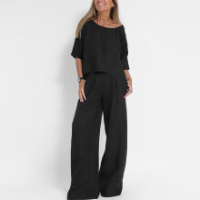 (black, 2XL) Women's Casual Cotton-Linen Two-Piece Set: Short-Sleeve Pullover and Pocket Trousers for Spring & Summer Beachwear