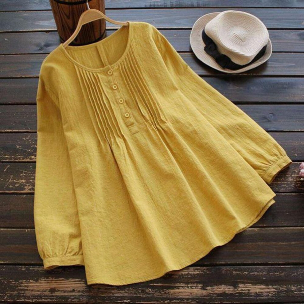 (S, yellow) Women's Loose Cotton And Linen Long-sleeve Pleated Round Neck Large Size Shirt
