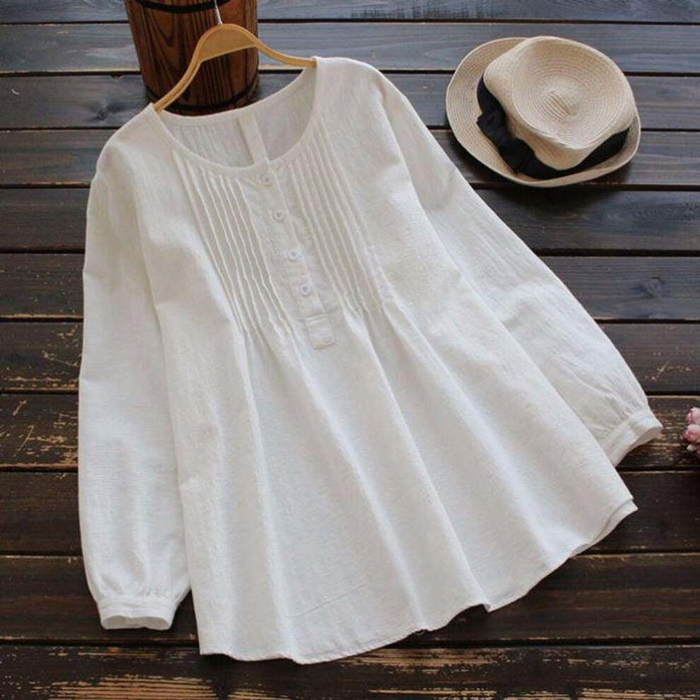 (XL, white) Women's Loose Cotton and Linen Long-Sleeve Pleated Round Neck Large Size Shirt