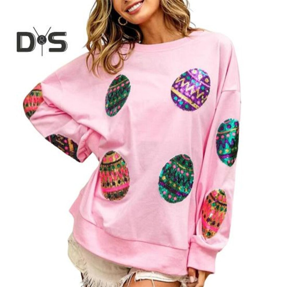 (M, pink) Women Tops Round Neck Long Sleeve Loose Fit Tee Shirt Sparkling Sequins Easter Eggs Decor Elastic T-shirt