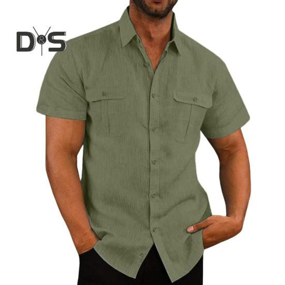 (L, army green) Spring Fall Men Shirt with Chest Pockets Turn-down Collar Button-down Top Short Sleeve Solid Color Loose Cardigan Casual Daily Shirt