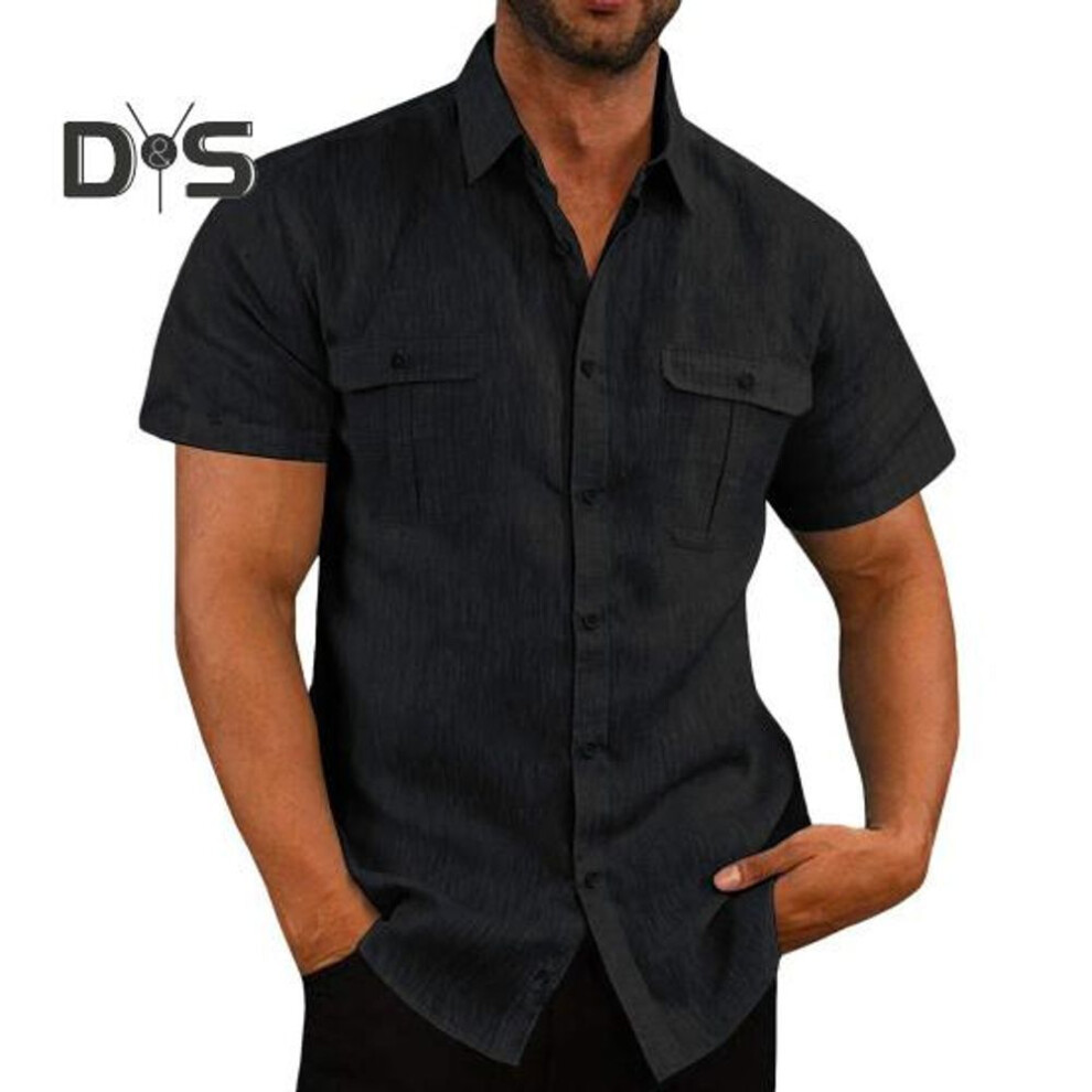 (2XL, black) Spring Fall Men Shirt with Chest Pockets Turn-down Collar Button-down Top Short Sleeve Solid Color Loose Cardigan Casual Daily Shirt