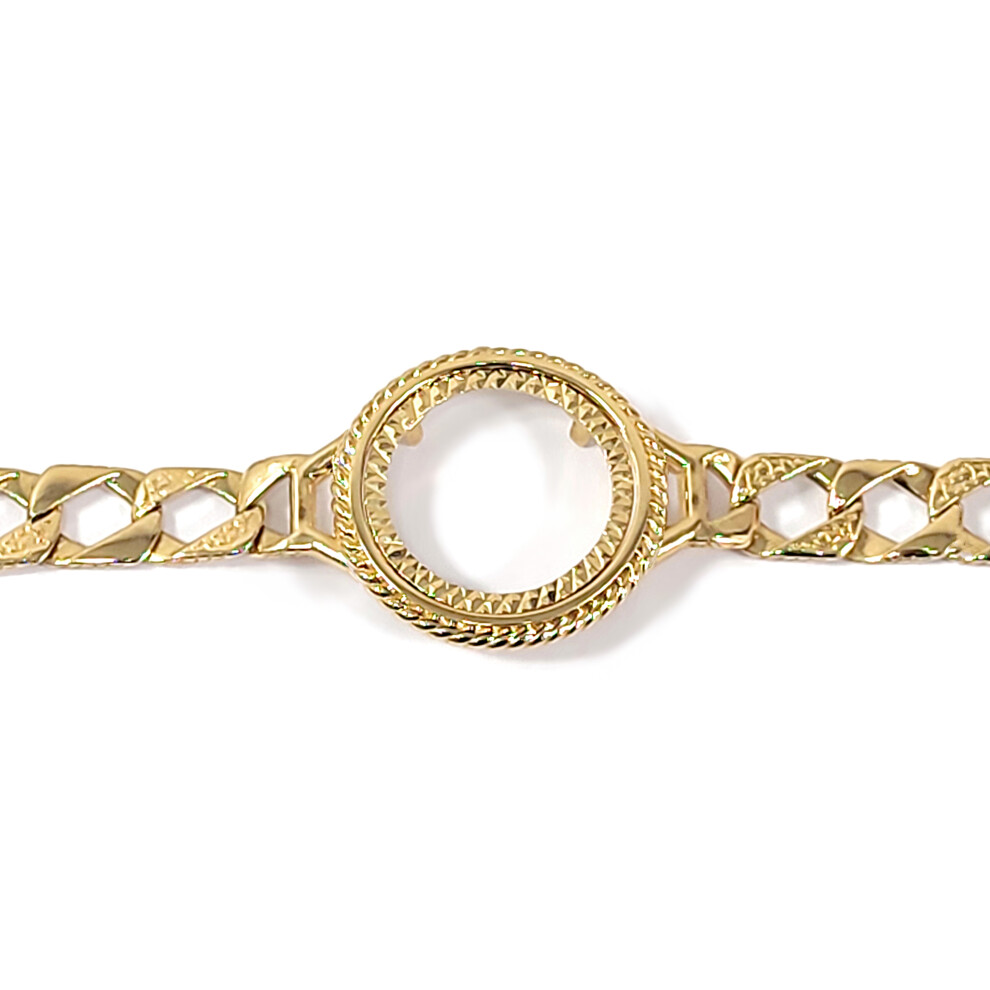 Jewelco London Solid 9ct Yellow Gold Lizard Curb Twist Rope Edge 8mm Half Sovereign Coin Mount Bracelet, 7.5 inch 19cm - JBB408-H