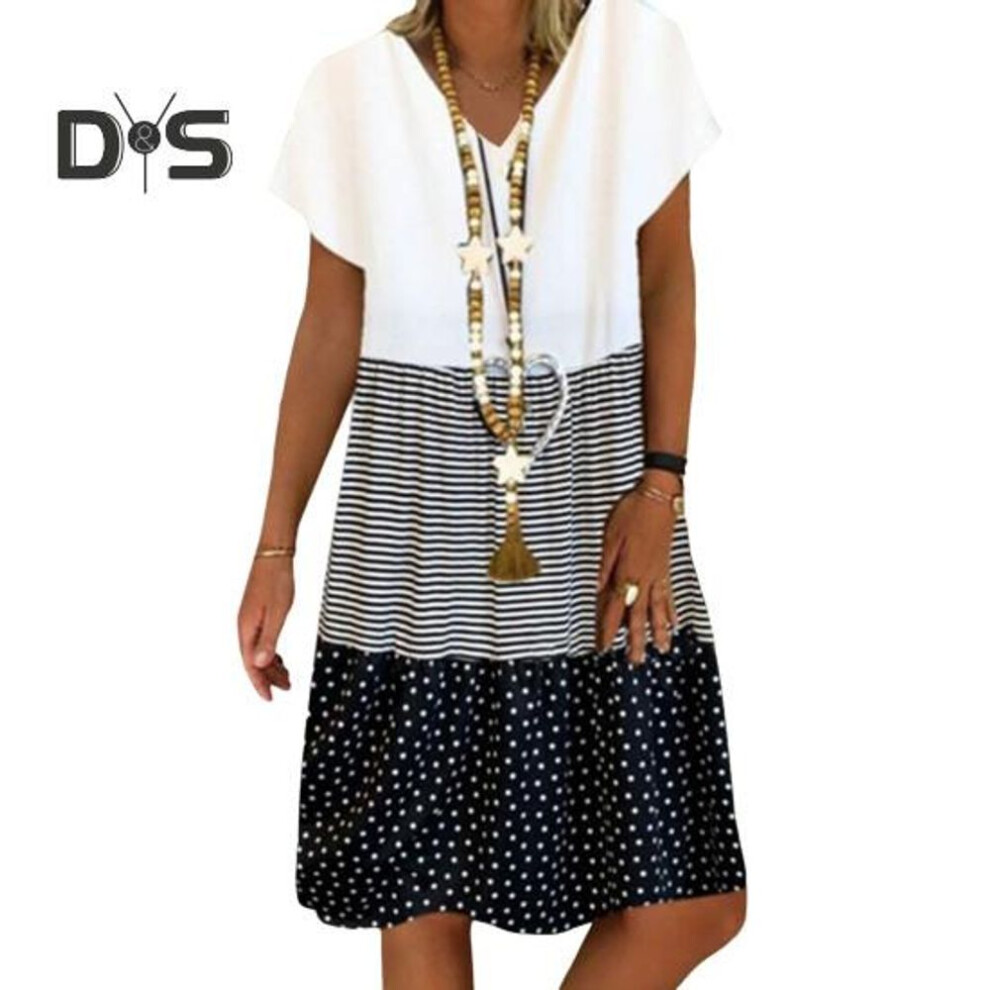 (black, 2XL) Lady Summer Dress Colorblock Patchwork V Neck Short Sleeves Loose Digital Printing Midi Dress Pleated A-line Dess for Dating Daily