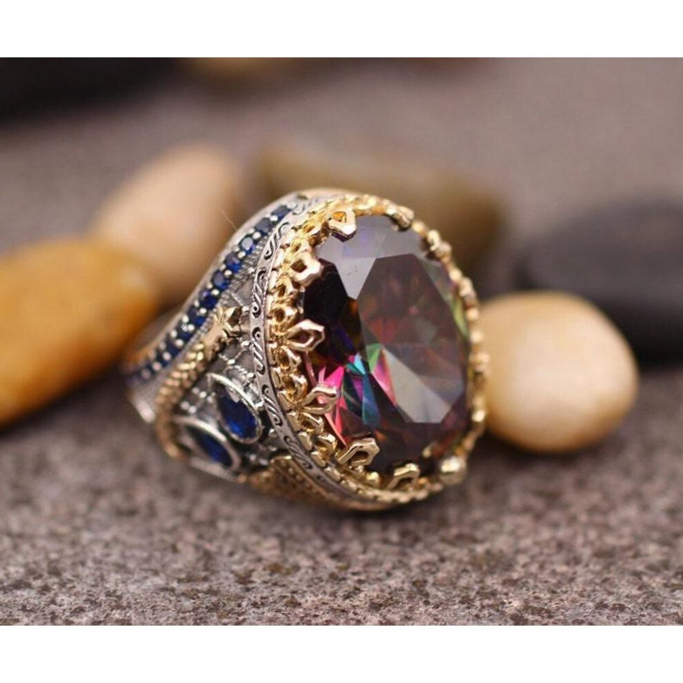 (as the picture, number 8) Retro Men's Two-color Gold-plated Gemstone Ring