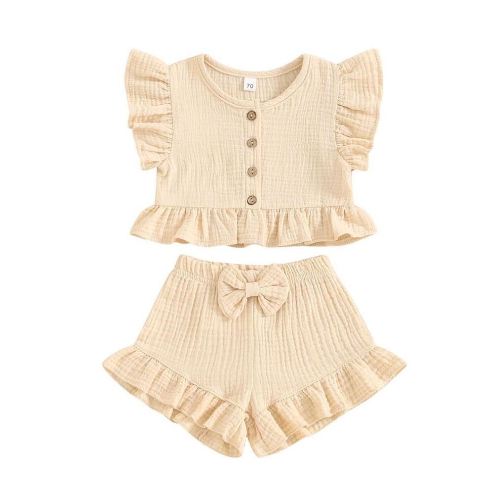 (khaki, 12-18 Months) Little Girl 2 Piece Summer Set, Fly Sleeve Button Down Ruffled Tops Bow Elastic Waist Shorts Baby Toddler Set