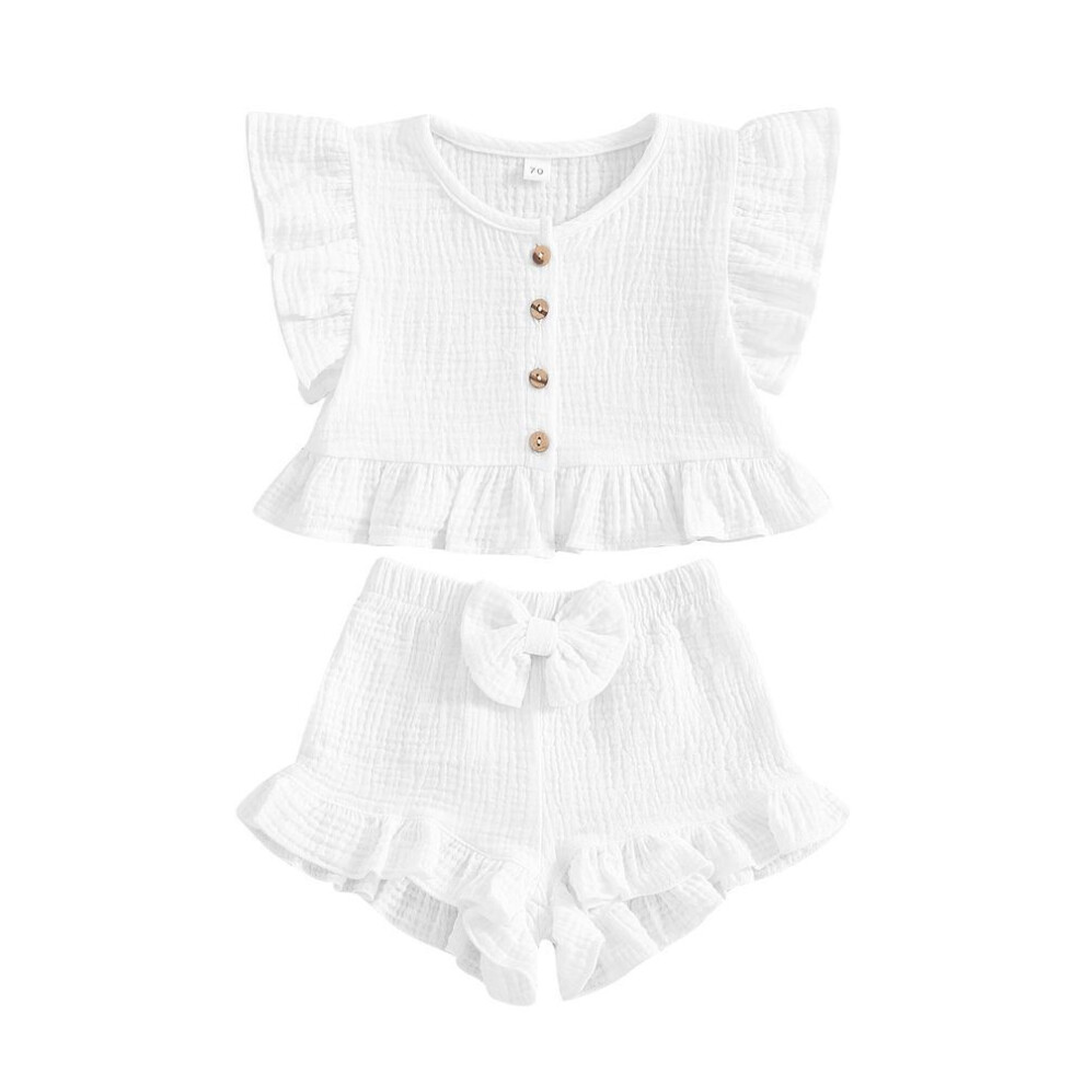 (white, 18-24 Months) Little Girl 2 Piece Summer Set, Fly Sleeve Button Down Ruffled Tops Bow Elastic Waist Shorts Baby Toddler Set