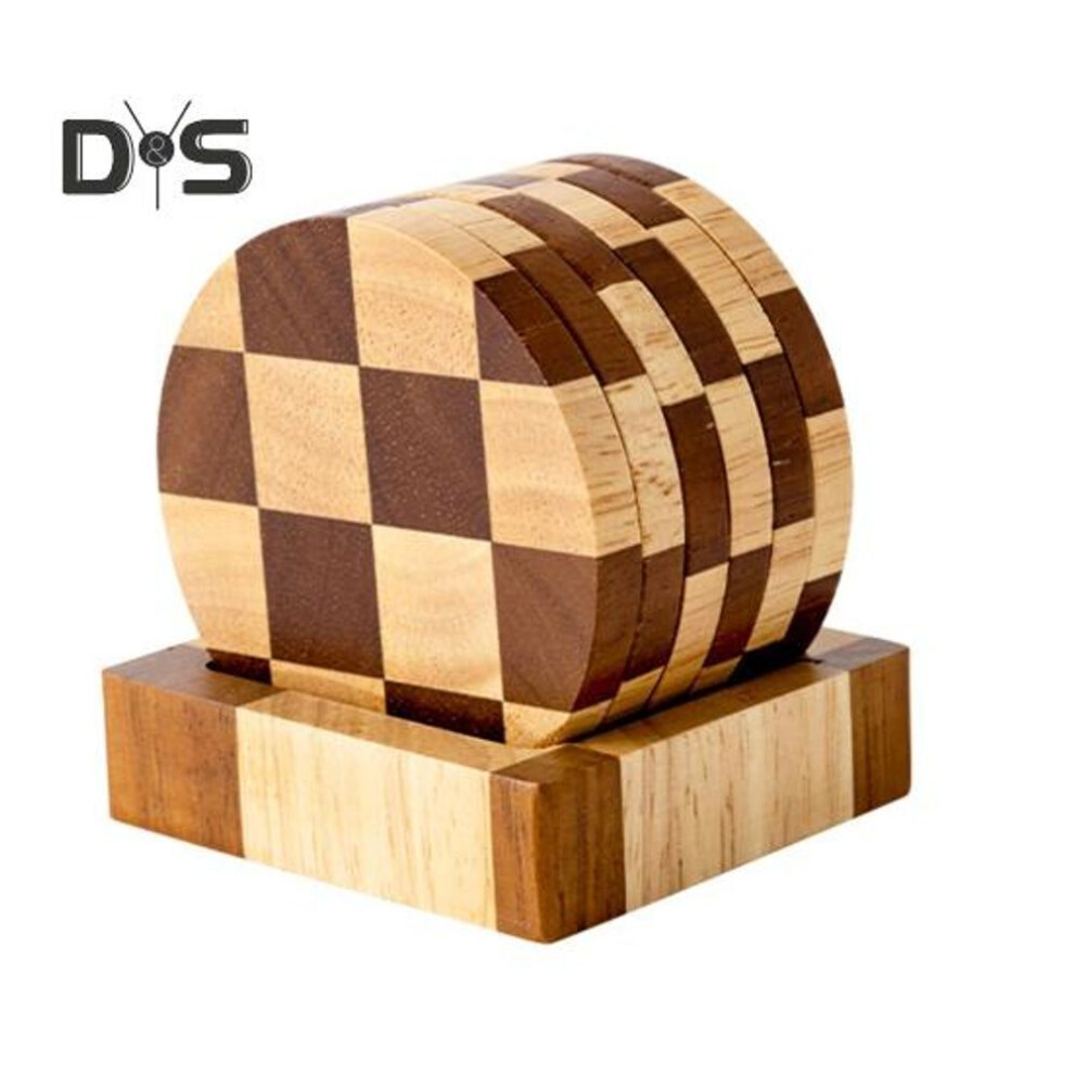 (as the picture, 6pcs Circle) 6Pcs Wooden Coasters Absorbent Protective Drink Coasters with Holder Tea Tray Checkerboard Coaster Set for Table Protection