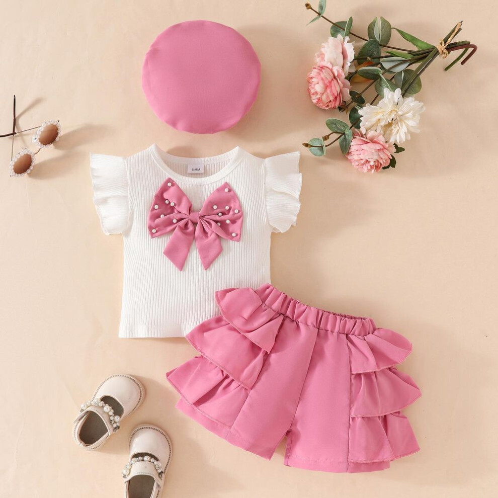 (pink, 12-18M) 6m-3y Baby Girl Clothes Set Summer Baby Girl Bow Tops + Shorts + Beret Set Girls Short Sleeve
