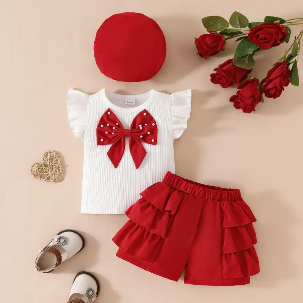 (red, 9-12M) 6M-3Y Baby Girl Clothes Set Summer Baby Girl Bow Tops + Shorts + Beret Set Girls Short Sleeve