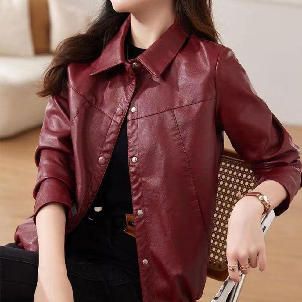 (wine, XL) Fashion Spring Jacket for Women, Short Leather Coat, Slim-fit Motorcycle Jacket with Trendy Style and Unique Design