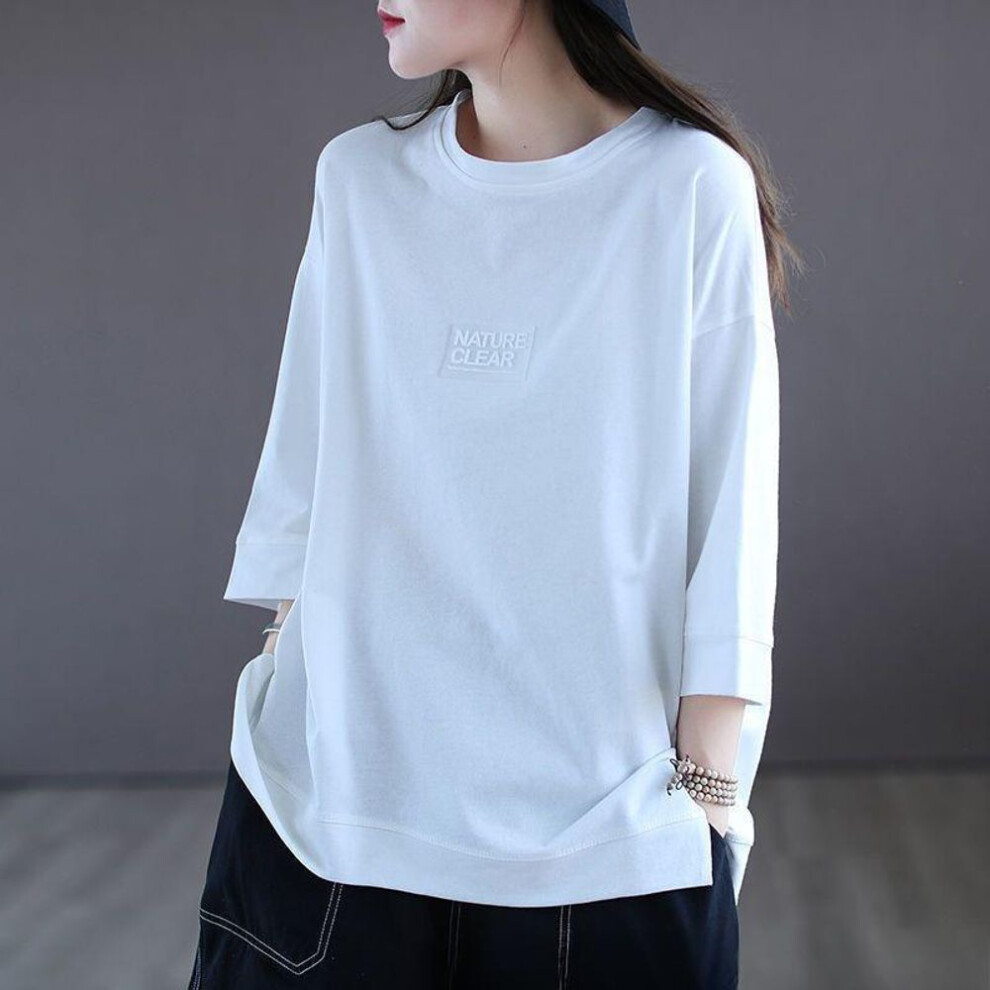 (XL, white) Fashion Three-quarter Sleeve Purple T-shirt Women's Short-sleeved Bottoming Shirt Casual Loose Plus Size Women's Spring And Summer Tops