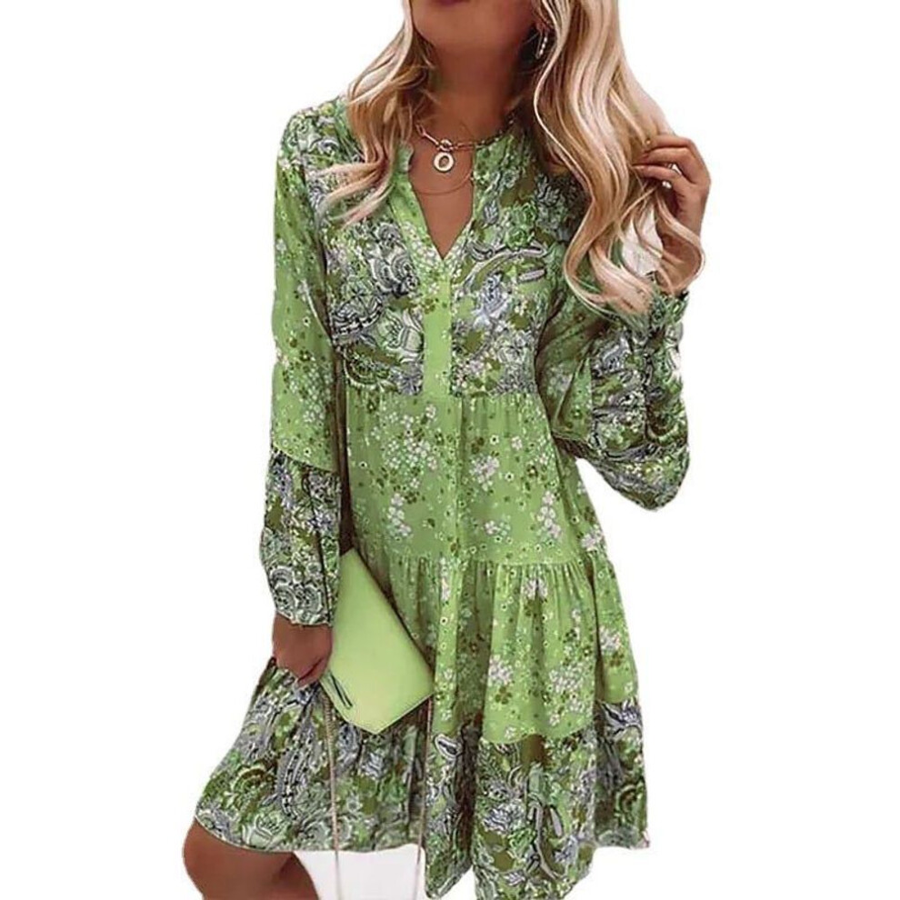 (green, XL) Femme Elegant Beach Party Dress Women Casual Floral Print Dresses Sping Summer Boho V Neck Loose A Line Dress