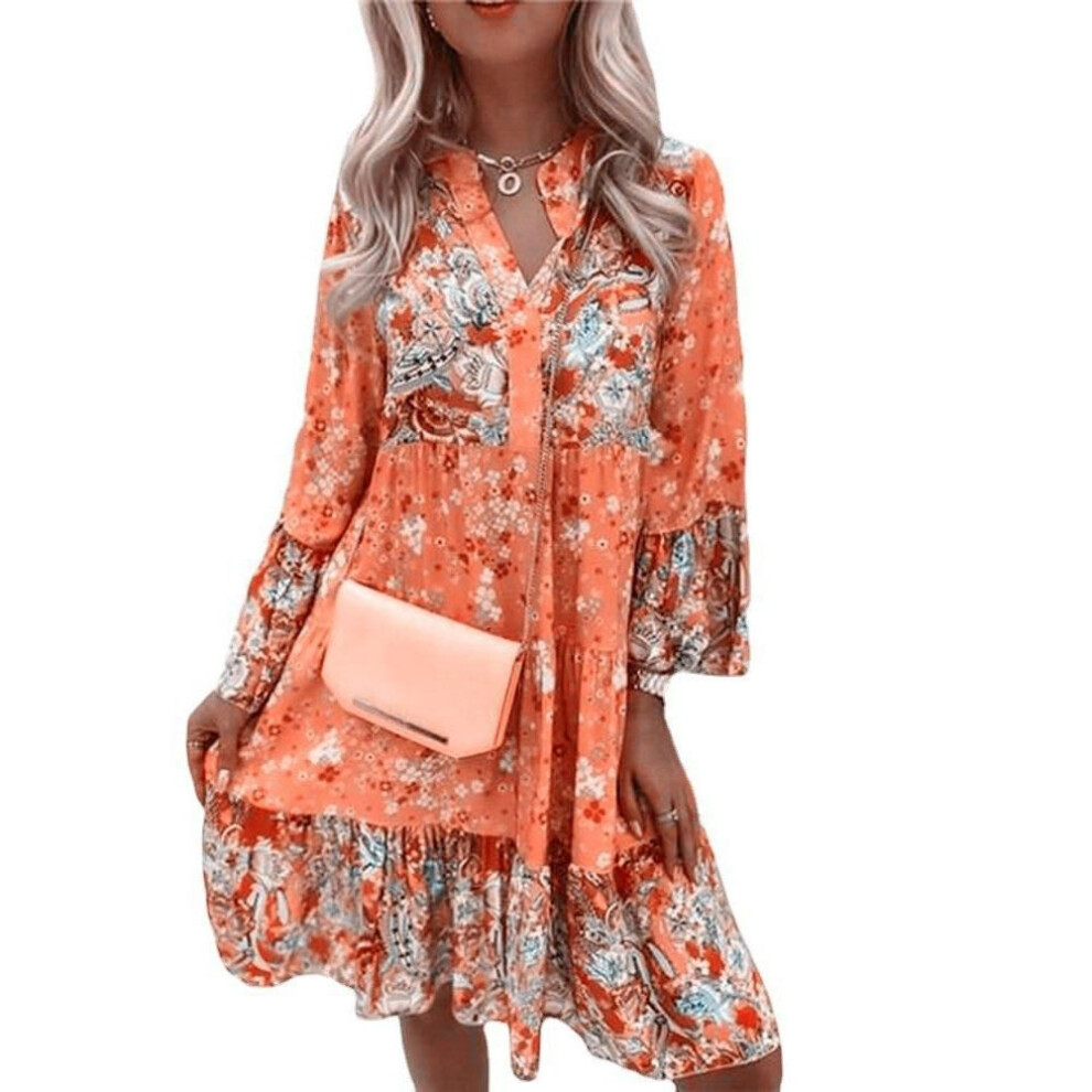 (orange, XXL) Femme Elegant Beach Party Dress Women Casual Floral Print Dresses Sping Summer Boho V Neck Loose A Line Dress