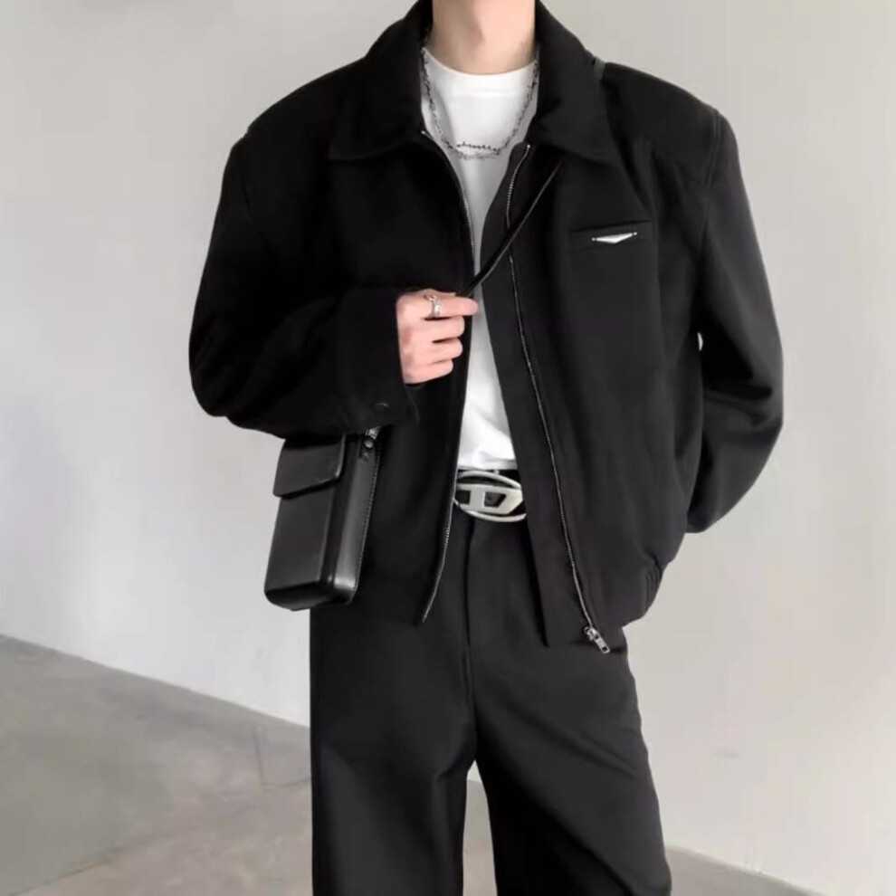 (black, XXXL) Spring Men's Casual Short Solid Color Lapel Baseball Jacket