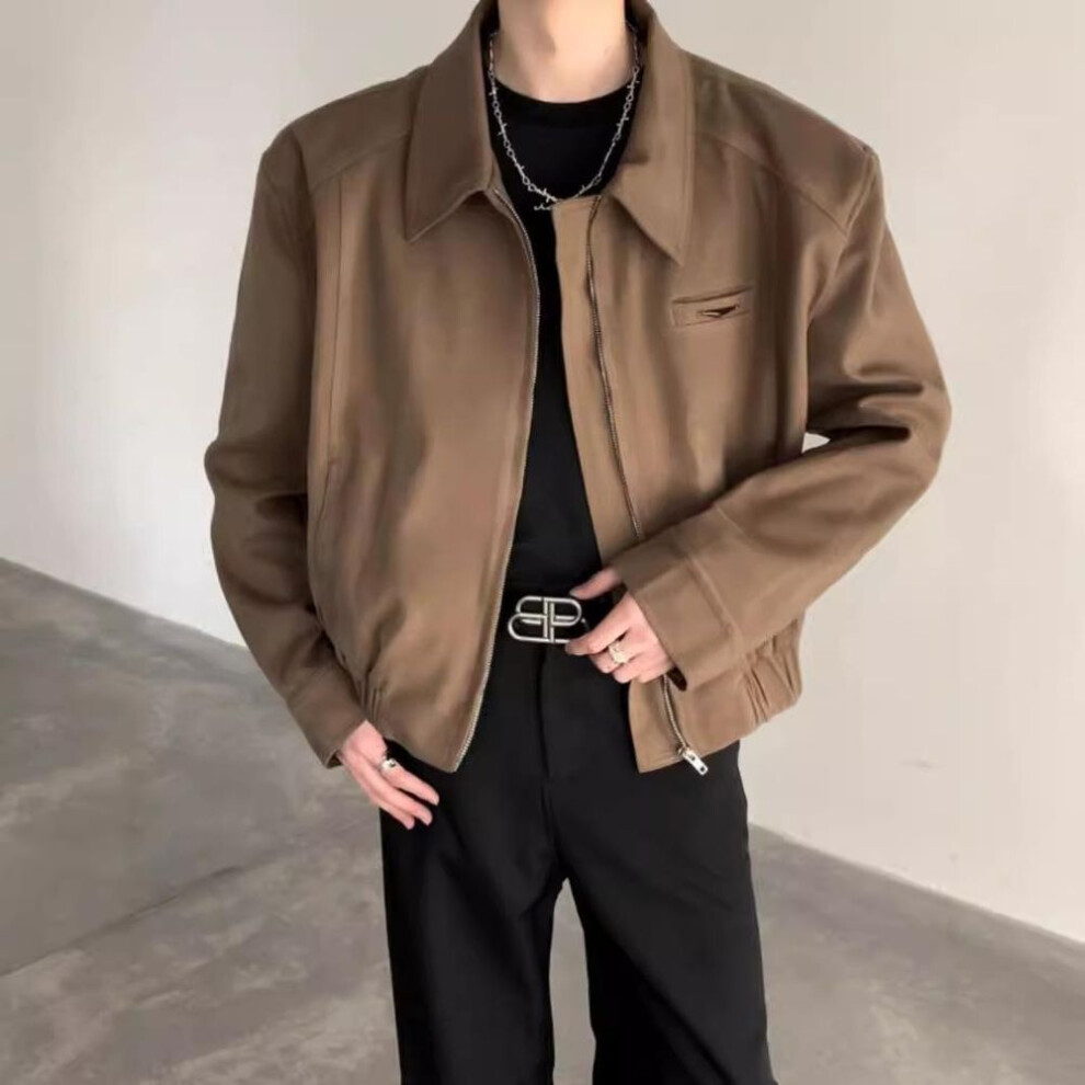 (khaki, M) Spring Men's Casual Short Solid Color Lapel Baseball Jacket