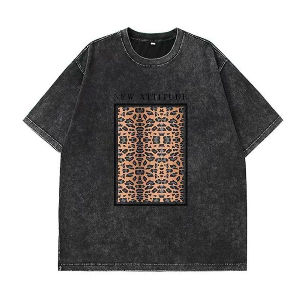 (XXL, black) Cotton Washed T Shirt Women Fashion Leopard Prints Loose O Neck Oversized Short Sleeve Y2k