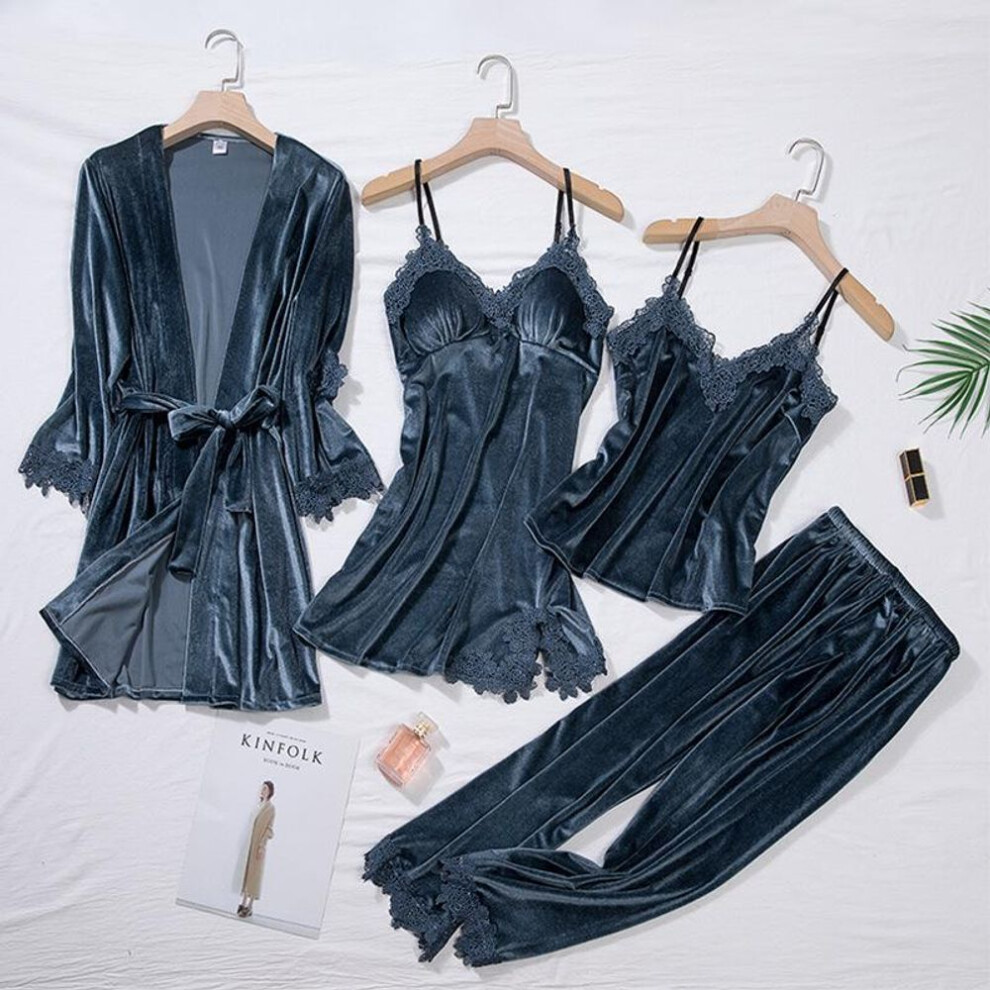 (S, grey) Casual Home Sleep Set Intimate Lingerie Women Pajamas Long Sleeve Lace Velvet Homewear Pyjamas