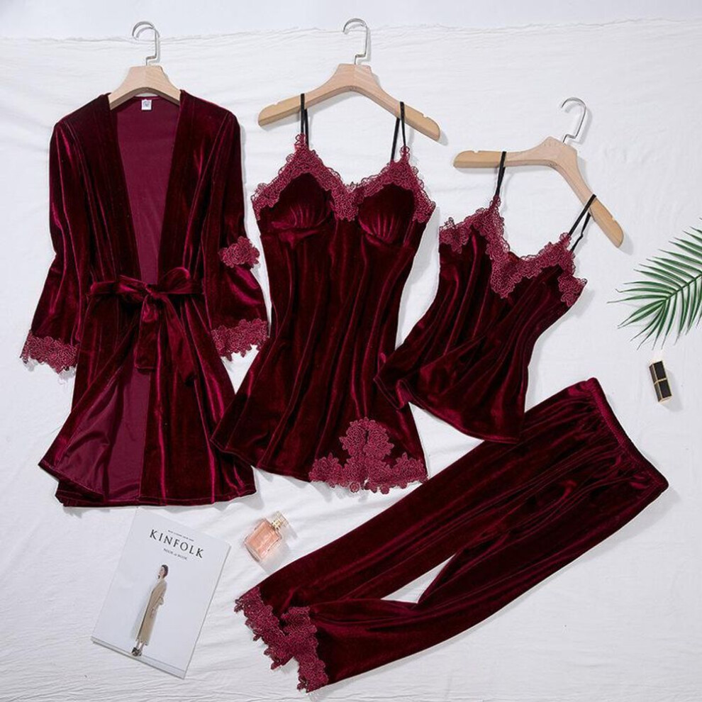 (M, red) Casual Home Sleep Set Intimate Lingerie Women Pajamas Long Sleeve Lace Velvet Homewear Pyjamas