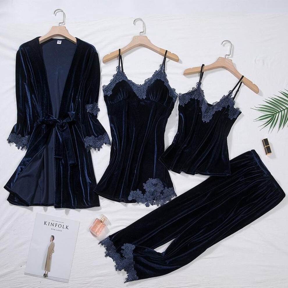 (M, black) Casual Home Sleep Set Intimate Lingerie Women Pajamas Long Sleeve Lace Velvet Homewear Pyjamas