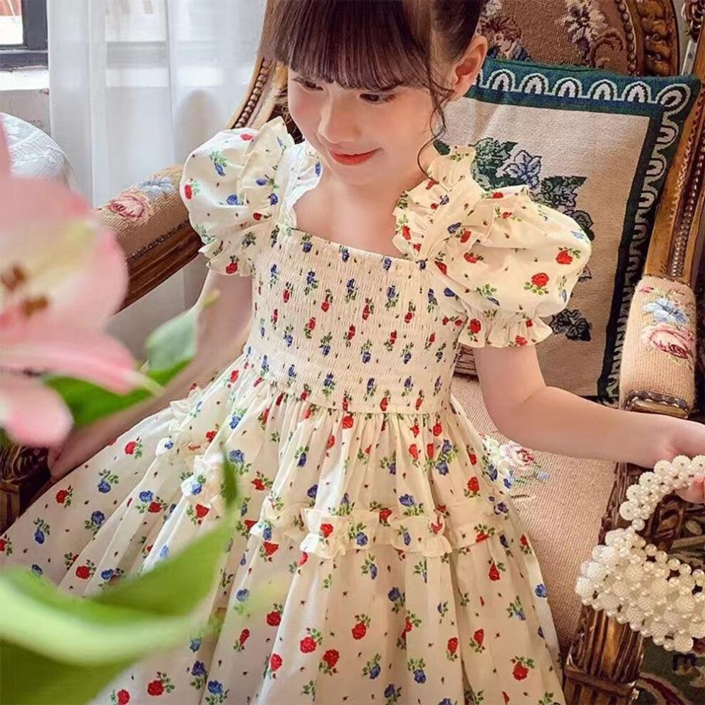 (beige, 130cm) Sweet Flower Girls Princess Dress Summer Puff Sleeve Floral Girl Casual  Fashion Children's