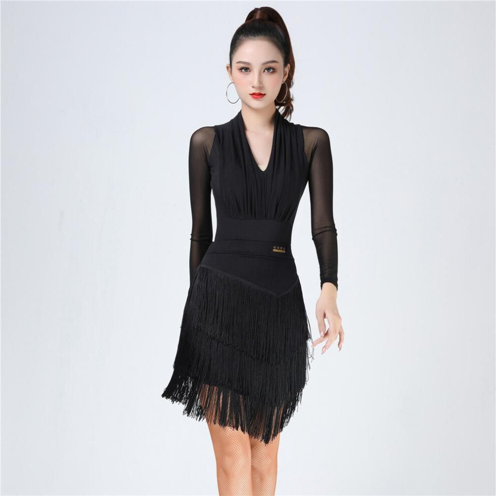 (black, XS) Women Latin Dance Tassel Dress Fringe Skirt Adult Dance Stage Performance Costumes Sheer Mesh