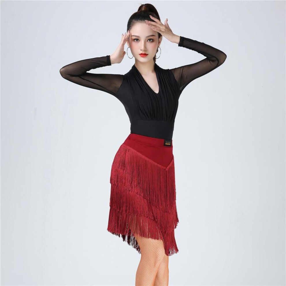 (wine red, XS) Women Latin Dance Tassel Dress Fringe Skirt Adult Dance Stage Performance Costumes Sheer Mesh