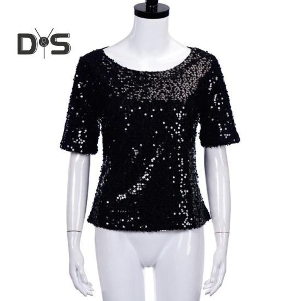 (4XL, black) Women Shirt Shiny Sequin Half Sleeve O Neck Loose Solid Color Soft Breathable Pullover Sparkling Party Prom Cocktail Blous