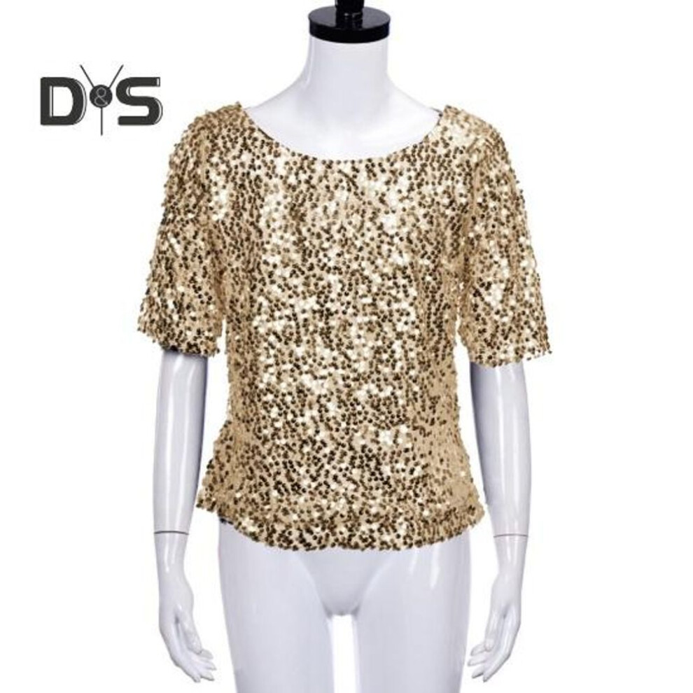 (2XL, golden) Women Shirt Shiny Sequin Half Sleeve O Neck Loose Solid Color Soft Breathable Pullover Sparkling Party Prom Cocktail Blous
